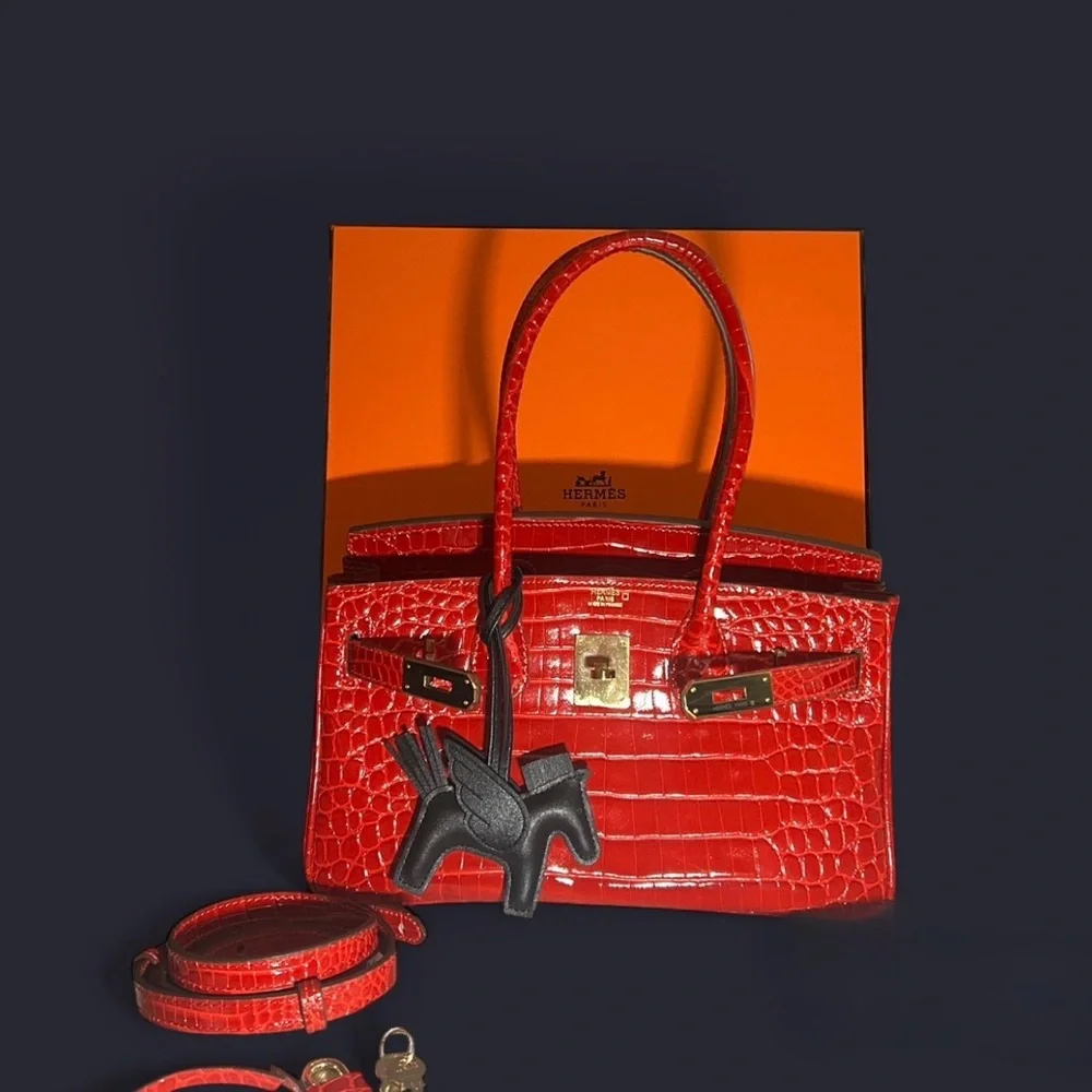 Rouge H Shiny Crocodile Porosus JPG Shoulder Birkin embossed PHW - Picture 1 of 10